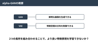 alpha-GANの概要
GAN 鮮明な画像を⽣成できる
VAE 特徴空間の分布を制御できる
2つの⻑所を組み合わせることで、より良い特徴表現を学習できないか？
 