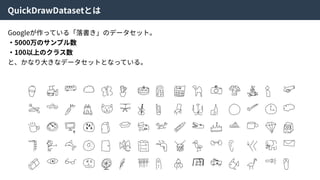 QuickDrawDatasetとは
Googleが作っている「落書き」のデータセット。
・5000万のサンプル数
・100以上のクラス数
と、かなり⼤きなデータセットとなっている。
 