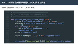 114-130⾏⽬: ⽣成結果確認のための簡単な関数
結果の可視化はデバッグにおいて⾮常に重要。
 