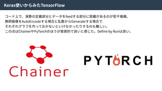 Keras使いからみたTensorFlow
コード上で、演算の定義部分とデータをfeedする部分に距離があるのが若⼲複雑。
教師画像をAutoEncodeする場合と乱数からGenerateする場合で
それぞれグラフを作っておかないといけなかったりするのも難しい。
この点はChainerやPyTorchのほうが直感的で良いと感じた。Deﬁne by Runは良い。
 