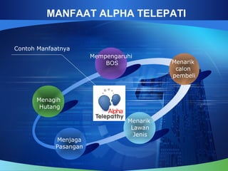MANFAAT ALPHA TELEPATI
Menagih
Hutang
Menarik
Lawan
Jenis
Menarik
calon
pembeli
Mempengaruhi
BOS
Menjaga
Pasangan
Contoh Manfaatnya
 