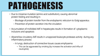 PATHOGENESIS
• Due to missense mutation (amino acid substitution), causing abnormal
protein folding and resulting in:
– Blockage of protein transfer from the endoplasmic reticulum to Golgi apparatus
– Prevention of protein secretion into the circulation
• Accumulation of misfolded AAT in hepatocytes results in formation of cytoplasmic
inclusions and apoptosis
• Absent/low circulatory AAT results in unopposed leukocyte proteases activity during any
inflammatory process
– In lungs, destruction of connective tissues causes emphysema
• This can be aggravated by smoking (by increases the activation and influx of
neutrophils)
 