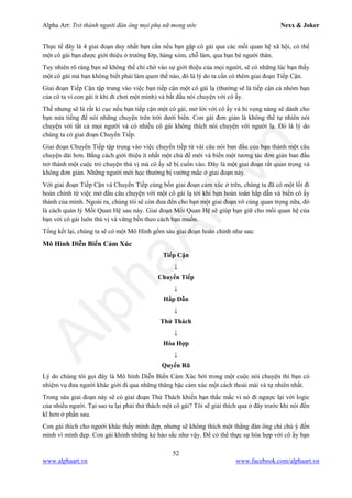 Alpha Art: Trở thành người đàn ông mọi phụ nữ mong ước Nexx & Joker
52
www.alphaart.vn www.facebook.com/alphaart.vn
Thực tế đây là 4 giai đoạn duy nhất bạn cần nếu bạn gặp cô gái qua các mối quan hệ xã hội, có thể
một cô gái bạn được giới thiệu ở trường lớp, hàng xóm, chỗ làm, qua bạn bè người thân.
Tuy nhiên rõ ràng bạn sẽ không thể chỉ chờ vào sự giới thiệu của mọi người, sẽ có những lúc bạn thấy
một cô gái mà bạn không biết phải làm quen thế nào, đó là lý do ta cần có thêm giai đoạn Tiếp Cận.
Giai đoạn Tiếp Cận tập trung vào việc bạn tiếp cận một cô gái lạ (thường sẽ là tiếp cận cả nhóm bạn
của cô ta vì con gái ít khi đi chơi một mình) và bắt đầu nói chuyện với cô ấy.
Thế nhưng sẽ là rất kì cục nếu bạn tiếp cận một cô gái, mở lời với cô ấy và hi vọng nàng sẽ dành cho
bạn nửa tiếng để nói những chuyện trên trời dưới biển. Con gái đơn giản là không thể tự nhiên nói
chuyện với tất cả mọi người và có nhiều cô gái không thích nói chuyện với người lạ. Đó là lý do
chúng ta có giai đoạn Chuyển Tiếp.
Giai đoạn Chuyển Tiếp tập trung vào việc chuyển tiếp từ vài câu nói ban đầu của bạn thành một câu
chuyện dài hơn. Bằng cách giới thiệu ít nhất một chủ đề mới và biến một tương tác đơn giản ban đầu
trở thành một cuộc trò chuyện thú vị mà cô ấy sẽ bị cuốn vào. Đây là một giai đoạn rất quan trọng và
không đơn giản. Những người mới học thường bị vướng mắc ở giai đoạn này.
Với giai đoạn Tiếp Cận và Chuyển Tiếp cùng bốn giai đoạn cảm xúc ở trên, chúng ta đã có một lối đi
hoàn chỉnh từ việc mở đầu câu chuyện với một cô gái lạ tới khi bạn hoàn toàn hấp dẫn và biến cô ấy
thành của mình. Ngoài ra, chúng tôi sẽ còn đưa đến cho bạn một giai đoạn vô cùng quan trọng nữa, đó
là cách quản lý Mối Quan Hệ sau này. Giai đoạn Mối Quan Hệ sẽ giúp bạn giữ cho mối quan hệ của
bạn với cô gái luôn thú vị và vững bền theo cách bạn muốn.
Tổng kết lại, chúng ta sẽ có một Mô Hình gồm sáu giai đoạn hoàn chỉnh như sau:
Mô Hình Diễn Biến Cảm Xúc
Tiếp Cận
↓
Chuyển Tiếp
↓
Hấp Dẫn
↓
Thử Thách
↓
Hòa Hợp
↓
Quyến Rũ
Lý do chúng tôi gọi đây là Mô hình Diễn Biến Cảm Xúc bởi trong một cuộc nói chuyện thì bạn có
nhiệm vụ đưa người khác giới đi qua những thăng bậc cảm xúc một cách thoải mái và tự nhiên nhất.
Trong sáu giai đoạn này sẽ có giai đoạn Thử Thách khiến bạn thắc mắc vì nó đi ngược lại với logic
của nhiều người. Tại sao ta lại phải thử thách một cô gái? Tôi sẽ giải thích qua ở đây trước khi nói đến
kĩ hơn ở phần sau.
Con gái thích cho người khác thấy mình đẹp, nhưng sẽ không thích một thằng đàn ông chỉ chú ý đến
mình vì mình đẹp. Con gái khinh những kẻ háo sắc như vậy. Để có thể thực sự hòa hợp với cô ấy bạn
 