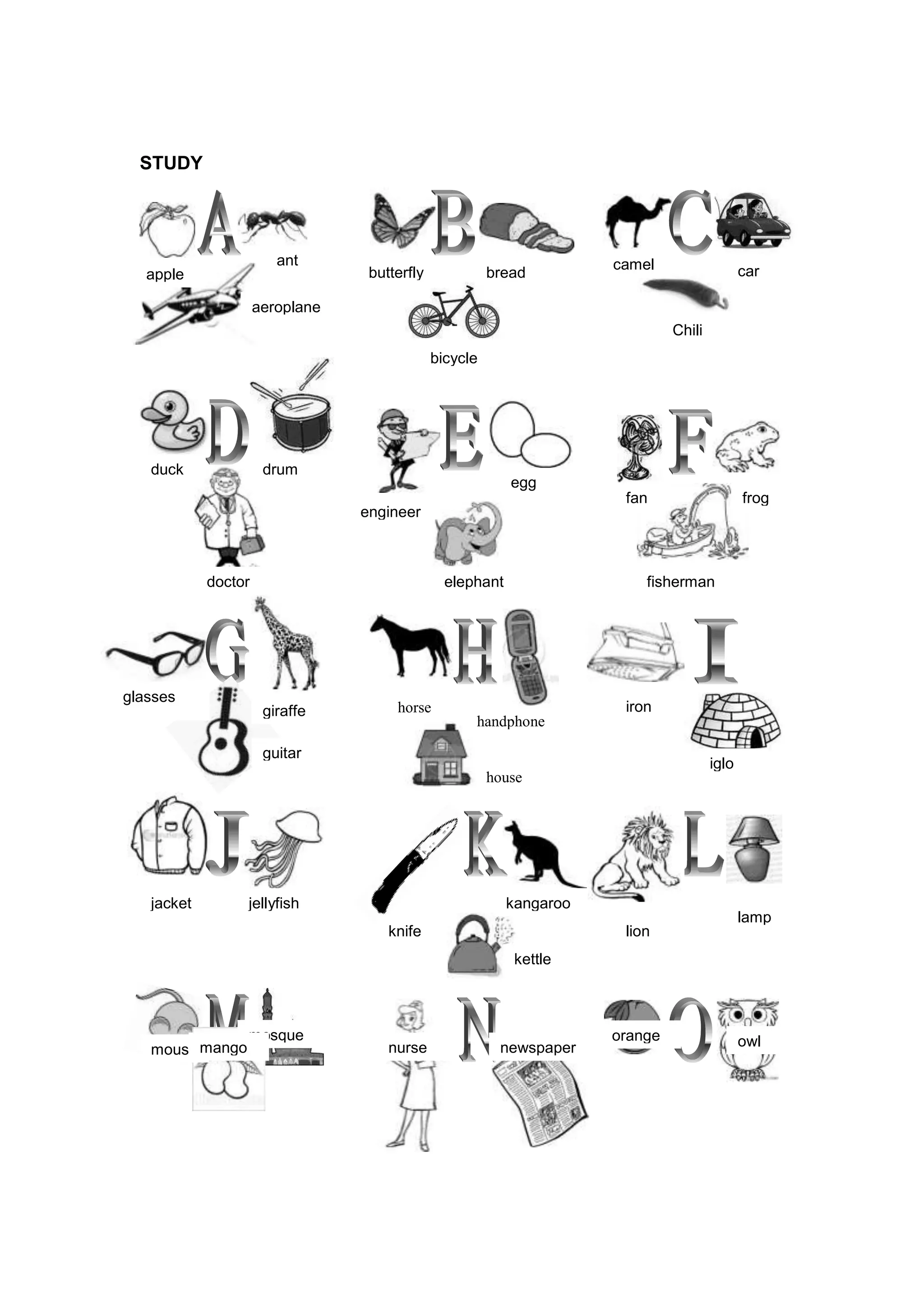 STUDY
knife
butterfly
egg
apple
camel
bread
ant
bicycle
car
Chili
duck drum
doctor elephant
fan frog
glasses
giraffe
guitar
horse
handphone
house
iron
jacket jellyfish kangaroo
kettle
lion
lamp
mouse
mosque
mango nurse
orange owl
aeroplane
engineer
fisherman
iglo
newspaper