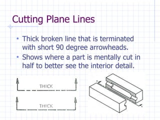 Cutting Plane Lines
• Thick broken line that is terminated
with short 90 degree arrowheads.
• Shows where a part is mentally cut in
half to better see the interior detail.
 