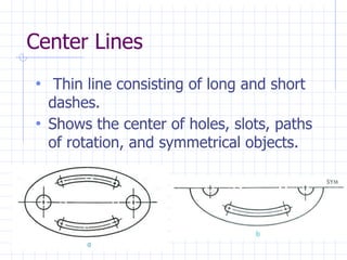 Center Lines
• Thin line consisting of long and short
dashes.
• Shows the center of holes, slots, paths
of rotation, and symmetrical objects.
 