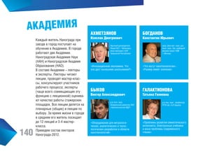 АКАДЕМИЯ

140

Каждый житель Нанограда при
заезде в город поступает на
обучение в Академию. В городе
работают две Академии.
Наноградская Академия Наук
(НАН) и Наноградская Академя
Образования (НАО).
В составе Академии – лекторы
и эксперты. Лекторы читают
лекции, проводят мастер-классы, консультируют участников
рабочего процесса; эксперты
(чаще всего совмещающие эту
функцию с лекционной) оценивают качество работы стажерских
площадок. Все лекции делятся на
пленарные (общие) и лекции по
выбору. За время жизни в городе
в среднем его житель посещает
до 12 лекций и 3-4 мастеркласса.
Приведем состав лекторов
Нанограда-2012.

АХМЕТЗЯНОВ

БОГДАНОВ

Изяслав Дмитриевич

Константин Юрьевич

Научный руководитель
Лицея №2 г. Чебоксары,
вице-президент АЭН
Чувашской Республики

канд. физ-мат. наук, док.
биол. наук, Зав. кафедрой
физики лицея 1586
г. Москвы

«Инновационная экономика. Что
она даст нынешним школьникам?»

«Что могут нанотехнологии»,
«Размер имеет значение»

БЫКОВ

ГАЛАКТИОНОВА

Виктор Александрович

Татьяна Гелиевна

д-р техн. наук,
Генеральный директор ЗАО
«Нанотехнология МДТ»

«Оборудование для метрологических, аналитических и технологических разработок в области
нанотехнологий»

д-р пед. наук, профессор
РГПУ им. А.И.Герцена

«Проблемы развития семиотического
интеллекта. Электронные учебники
и иные проблемы современного
чтения»

 