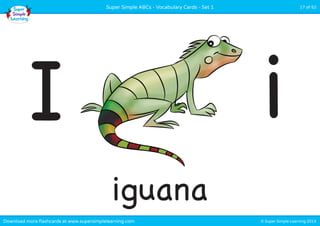 © Super Simple Learning 2014Download more flashcards at www.supersimplelearning.com
Super Simple ABCs - Vocabulary Cards - Set 1 17 of 52
iguana
I i
 