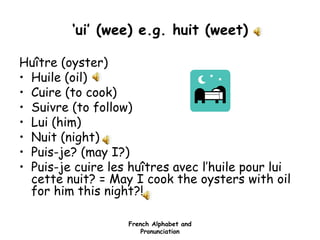 French Alphabet and
Pronunciation
‘ui’ (wee) e.g. huit (weet)
Huître (oyster)
• Huile (oil)
• Cuire (to cook)
• Suivre (to follow)
• Lui (him)
• Nuit (night)
• Puis-je? (may I?)
• Puis-je cuire les huîtres avec l’huile pour lui
cette nuit? = May I cook the oysters with oil
for him this night?!
 