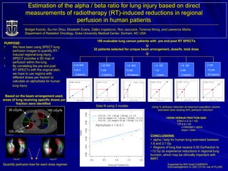Estimation of the alpha / beta ratio for lung injury based on direct measurements of radiotherapy (RT)-induced reductions in regional perfusion in human patients Bridget Koontz, Su-min Zhou, Elizabeth Evans, Zeljko Vujaskovic, Ron Jazczack, Terence Wong, and Lawrence Marks Department of Radiation Oncology, Duke University Medical Center, Durham, NC USA  ,[object Object],[object Object],[object Object],[object Object],1/ED50 VERSUS FRACTION SIZE:   Effect  α  D (a + bd)  1/D  α  a + bd    y-intercept = alpha   slope = beta  100 evaluable lung cancer patients with  pre and post RT SPECTs   ,[object Object],[object Object],[object Object],32 patients selected for unique beam arrangement, dose/fx, total dose   2 QD  12 pts  24 beams 1.8  QD  2 pts  3 beams Supported by NIH Grant CA069579 Acknowledgement ro UNC-CH for use of PLUNC 35 cGy/fx 160 cGy/fx 125 cGy/fx Pre-RT Post-RT Quantify perfusion loss for each dose regimen Alpha/beta  ≈  1.6-3.1 Based on the beam arrangement used, areas of lung receiving specific doses per fraction were identified   (Gy) 1.6  QD  1 pt  1 beam 1.6  BID  10 pts  10 beams 1.25 BID  4 pts  4 beams 0.35 BID  4 pt s  4 beams Data fit using 3 models ED50 = 62 Gy ED50 = 52 Gy ED50 = 19 Gy ED50 = 42 Gy ED50 = 34 Gy Total Dose (Gy) Total Dose (Gy) Total Dose (Gy) Total Dose (Gy) ED50 = 50 Gy Total Dose (Gy) Total Dose (Gy) Using % perfusion reduction at maximum population volume, estimated dose causing 50% perfusion reduction  