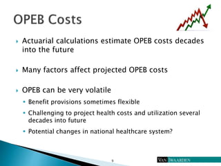  Actuarial calculations estimate OPEB costs decades
into the future
 Many factors affect projected OPEB costs
 OPEB can...