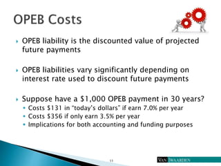  OPEB liability is the discounted value of projected
future payments
 OPEB liabilities vary significantly depending on
i...