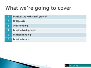 1 Pension and OPEB background
2 OPEB costs
3 OPEB funding
4 Pension background
5 Pension funding
6 Pension future
1
 