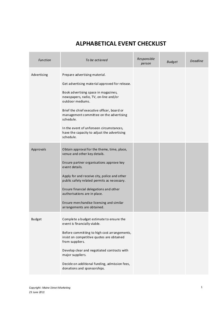 alphabetical event checklist 23 june 2011 catering checklists