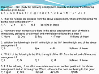 Direction (1 – 6) : Study the following arrangement carefully and answer the following
Question given below.
E 4 B % R 3 A 6 # F H @ I 2 d 9 & K U $ W 1 M P 5 * Q 8 T
1. If all the number are dropped from the above arrangement, which of the following will
be the ninth to the left of W ?
1) A 2) # 3) R 4) & 5) None of these
2. How many such numbers are there in the above arrangement each of which is
immediately preceded by a symbol and immediately followed by a letter ?
1) None 2) One 3) Two 4) Three 5) None of these
3. Which of the following in the 5th to the right of the 18th from the right end of the above
arrangement ?
1) & 2) I 3) A 4) M 5) None of these
4. Which of the following is the 4th to the right of the 12th from the left end of the above
arrangement ?
1) 2 2) D 3) 9 4) M 5) None of these
5. 4 of the following 5 are alike in a certain way based on their position in the above
arrangement and so form a group. Which is the one that does not belong to that group
1) F @ # 2) DI9 3) U&$ 4) %3B 5)5QM
 
