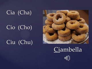 Cia (Cha)
Cio (Cho)
Ciu (Chu)
Ciambella
 
