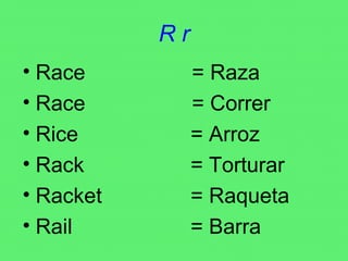 R r Race  = Raza Race  = Correr Rice  = Arroz Rack  = Torturar Racket  = Raqueta Rail  = Barra 