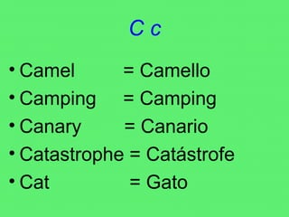 C c Camel  = Camello Camping  = Camping Canary  = Canario Catastrophe = Catástrofe Cat  = Gato 