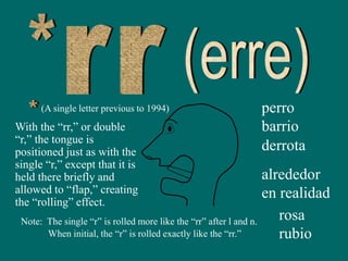 (A single letter previous to 1994)
With the “rr,” or double
“r,” the tongue is
positioned just as with the
single “r,” except that it is
held there briefly and
allowed to “flap,” creating
the “rolling” effect.
perro
barrio
derrota
Note: The single “r” is rolled more like the “rr” after l and n.
alrededor
en realidad
rosa
When initial, the “r” is rolled exactly like the “rr.” rubio
 