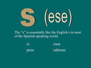 The “s” is essentially like the English s in most
of the Spanish-speaking world.
sí
peso
casa
sabroso
 