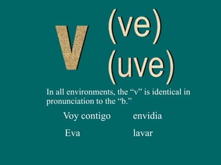 In all environments, the “v” is identical in
pronunciation to the “b.”
Voy contigo
Eva
envidia
lavar
 