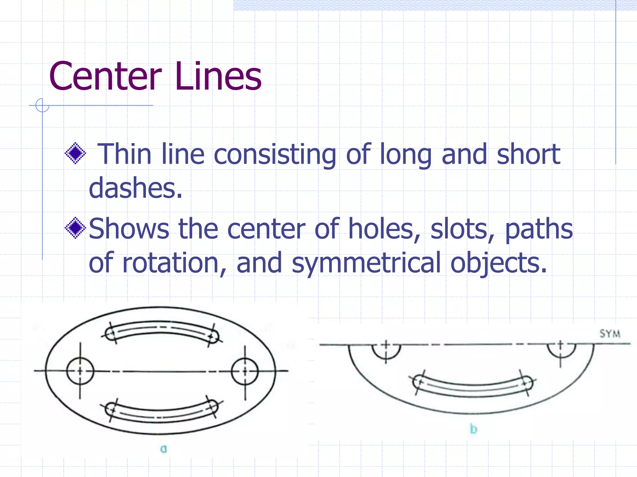 Center Lines
Thin line consisting of long and short
dashes.
Shows the center of holes, slots, paths
of rotation, and symmetrical objects.
 