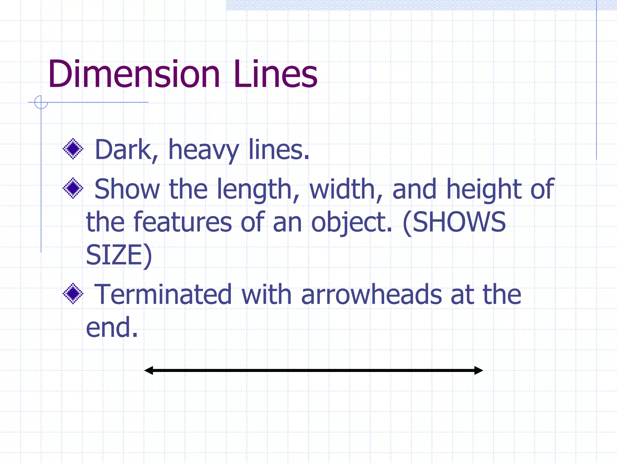 Dimension Lines
Dark, heavy lines.
Show the length, width, and height of
the features of an object. (SHOWS
SIZE)
Terminated with arrowheads at the
end.
 