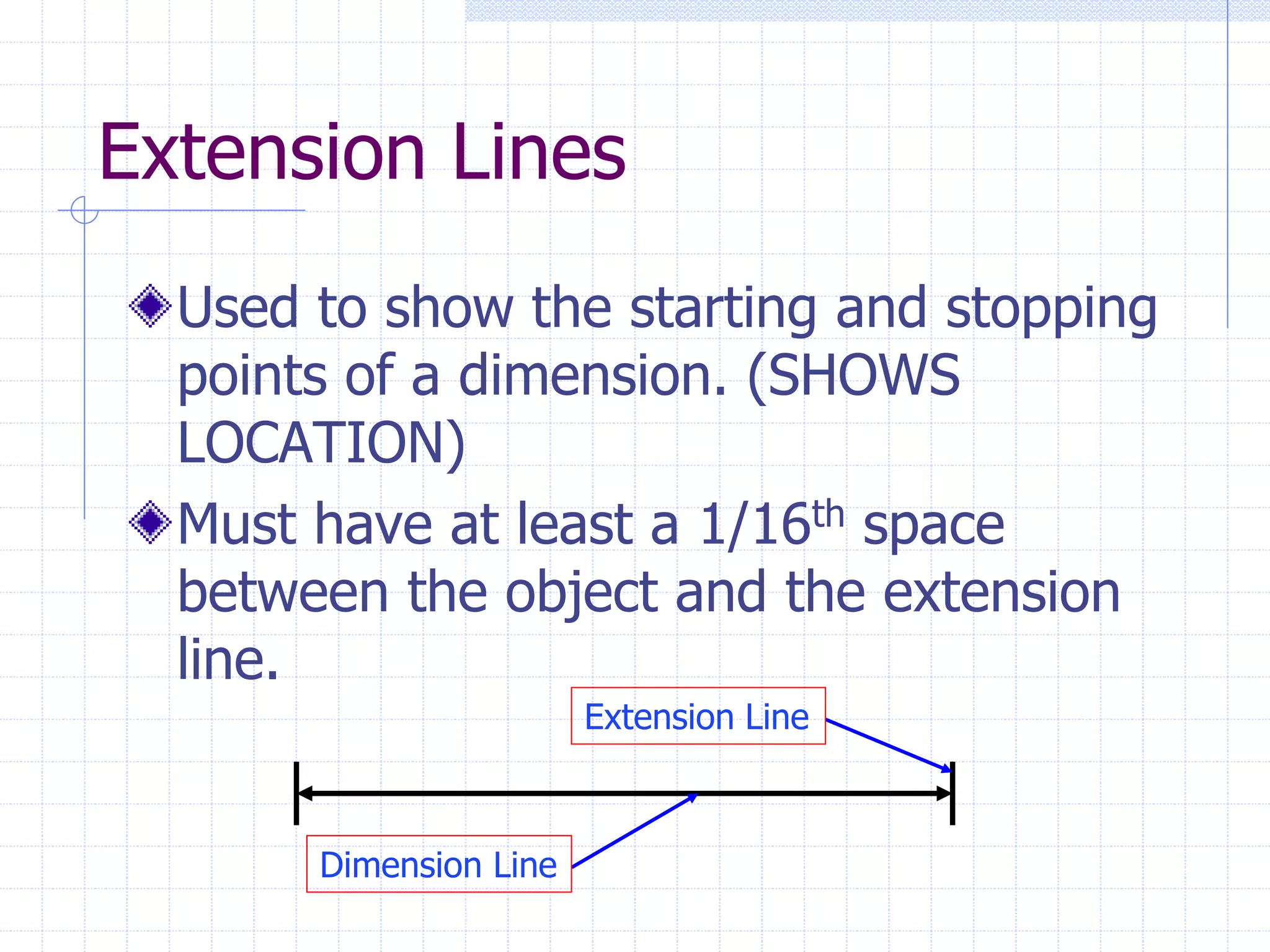 Extension Lines
Used to show the starting and stopping
points of a dimension. (SHOWS
LOCATION)
Must have at least a 1/16th space
between the object and the extension
line.
Extension Line
Dimension Line
 