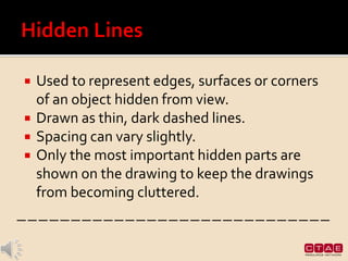  Used to represent edges, surfaces or corners
of an object hidden from view.
 Drawn as thin, dark dashed lines.
 Spacing can vary slightly.
 Only the most important hidden parts are
shown on the drawing to keep the drawings
from becoming cluttered.
 