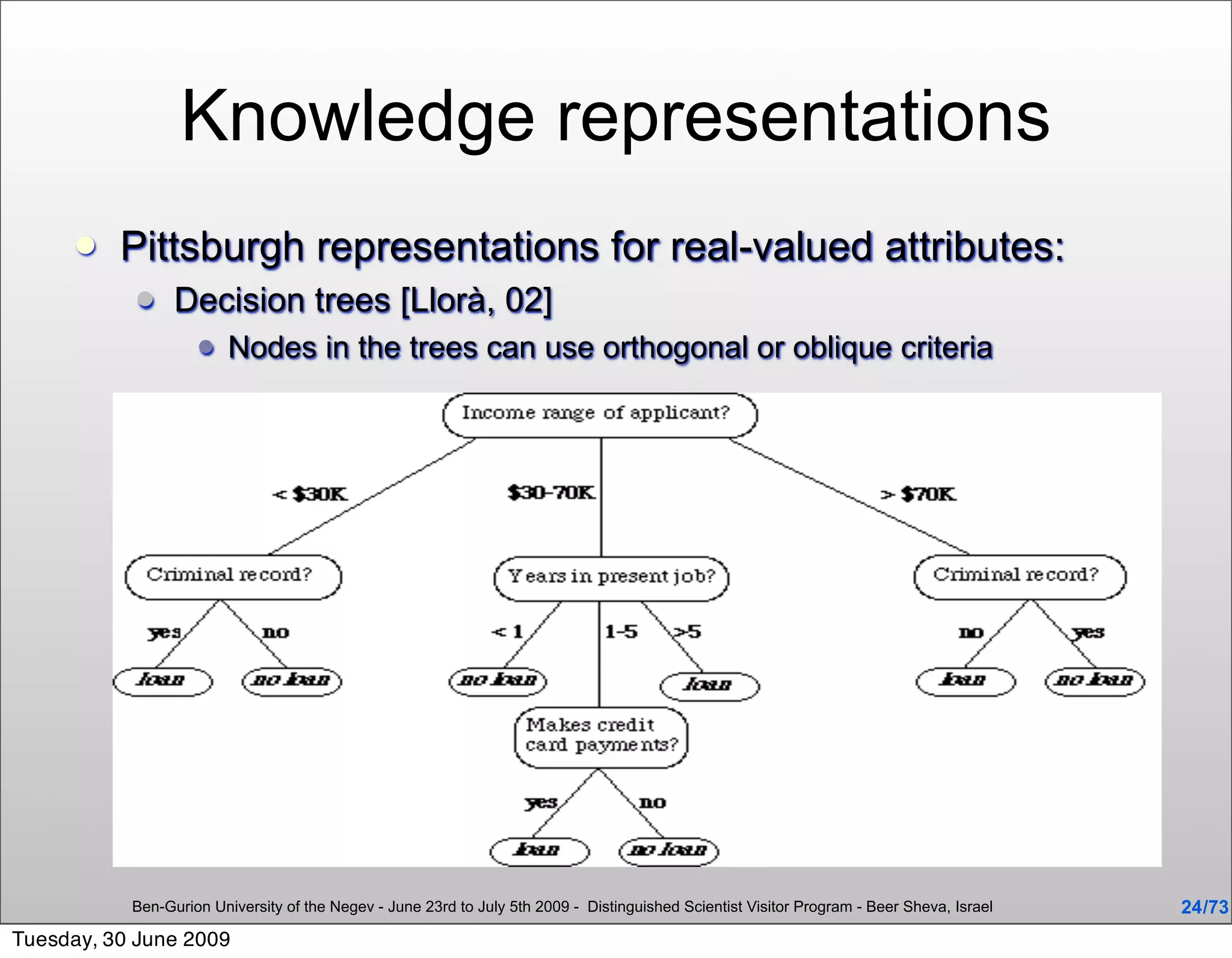Knowledge representations
         Pittsburgh representations for real-valued attributes:
                Decision trees [Llorà, 02]
                        Nodes in the trees can use orthogonal or oblique criteria




           Ben-Gurion University of the Negev - June 23rd to July 5th 2009 - Distinguished Scientist Visitor Program - Beer Sheva, Israel   24 /73
Tuesday, 30 June 2009
 