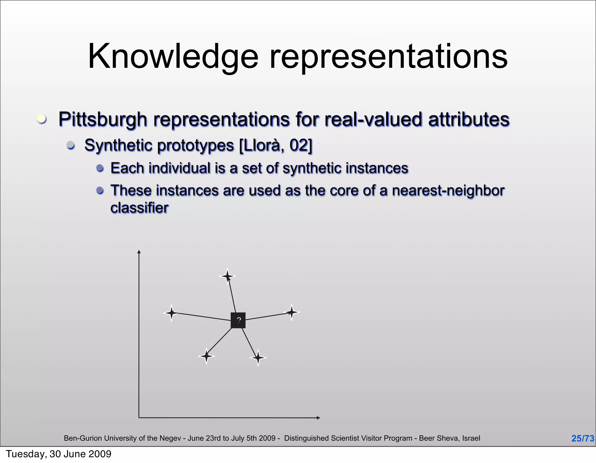 Knowledge representations
         Pittsburgh representations for real-valued attributes
                Synthetic prototypes [Llorà, 02]
                        Each individual is a set of synthetic instances
                        These instances are used as the core of a nearest-neighbor
                         classifier




                                                               ?




           Ben-Gurion University of the Negev - June 23rd to July 5th 2009 - Distinguished Scientist Visitor Program - Beer Sheva, Israel   25 /73
Tuesday, 30 June 2009
 