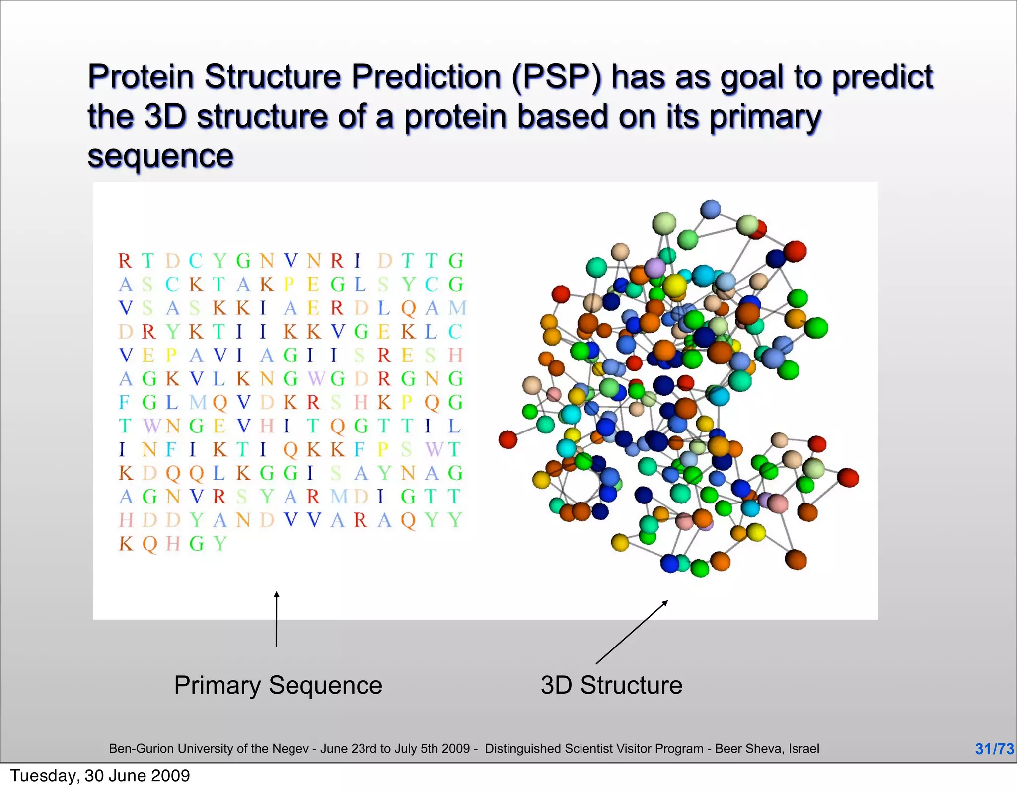 Protein Structure Prediction (PSP) has as goal to predict
        the 3D structure of a protein based on its primary
        sequence




                      Primary Sequence                                                 3D Structure

           Ben-Gurion University of the Negev - June 23rd to July 5th 2009 - Distinguished Scientist Visitor Program - Beer Sheva, Israel   31 /73
Tuesday, 30 June 2009
 