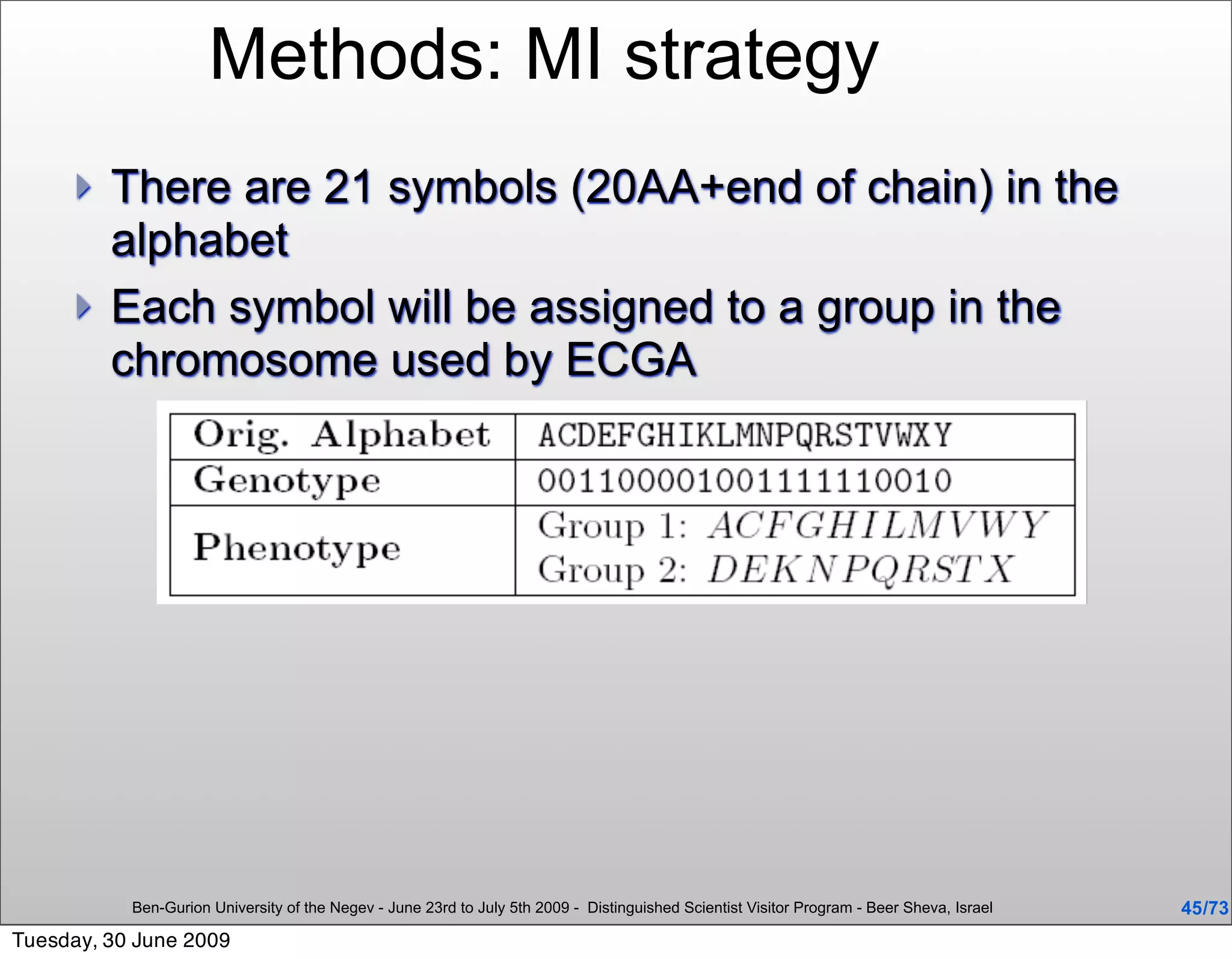 Methods: MI strategy
        There are 21 symbols (20AA+end of chain) in the
         alphabet
        Each symbol will be assigned to a group in the
         chromosome used by ECGA




           Ben-Gurion University of the Negev - June 23rd to July 5th 2009 - Distinguished Scientist Visitor Program - Beer Sheva, Israel   45 /73
Tuesday, 30 June 2009
 
