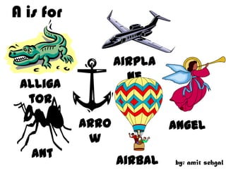 A is for

                  Airpla
                    ne
 Alliga
  tor
           Arro            Angel
            w
   Ant
                  Airbal   by: amit sehgal
 