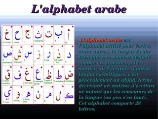L'alphabet arabeL'alphabet arabe

a
              L'alphabet arabe L'alphabet arabe est est 
l'alphabet utilisé pour écrire, l'alphabet utilisé pour écrire, 
entre autres, la langue Arabe entre autres, la langue Arabe 
Bien que très souvent désigné Bien que très souvent désigné 
comme un alphabet, à la comme un alphabet, à la 
manière de l'écriture d'autres manière de l'écriture d'autres 
langues sémitiques, c'est langues sémitiques, c'est 
généralement un abjad, terme généralement un abjad, terme 
décrivant un système d'écriture décrivant un système d'écriture 
ne notant que les consonnes de ne notant que les consonnes de 
la langue (ou peu s'en faut). la langue (ou peu s'en faut). 
Cet alphabet comporte 28 Cet alphabet comporte 28 
lettres.lettres.
 
