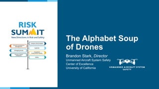 New Directions in Risk and Safety
Brandon Stark, Director
Unmanned Aircraft System Safety
Center of Excellence
University of California
The Alphabet Soup
of Drones
 
