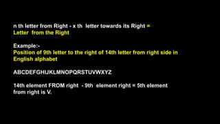 n th letter from Right - x th letter towards its Right =
Letter from the Right
Example:-
Position of 9th letter to the right of 14th letter from right side in
English alphabet
ABCDEFGHIJKLMNOPQRSTUVWXYZ
14th element FROM right - 9th element right = 5th element
from right is V.
 