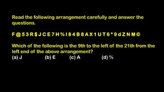 Read the following arrangement carefully and answer the
questions.
F @ 5 3 R $ J C E 7 H % I 8 4 B 8 A X 1 U T 6 * 9 d Z N M ©
Which of the following is the 9th to the left of the 21th from the
left end of the above arrangement?
(a) J (b) E (c) A (d) %
 