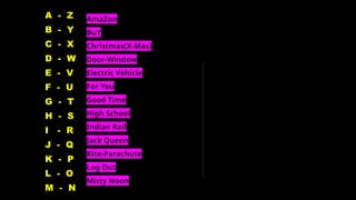 A - Z
B - Y
C - X
D - W
E - V
F - U
G - T
H - S
I - R
J - Q
K - P
L - O
M - N
AmaZon
BuY
Christmas(X-Mas)
Door-Window
Electric Vehicle
For You
Good Time
High School
Indian Rail
Jack Queen
Kite-Parachute
Log Out
Misty Noon
 