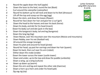 a   Round the apple down the leaf (apple)
b   Down the laces to the heel, round the toe (Boot)
c   Curl around the caterpillar (caterpillar)
d   Round his bottom up his tall neck and down to his feet (dinosaur)
e   Lift off the top and scoop out the egg (egg)
f   Down the stem, and draw the leaves (flower)
g   Round her face down her hair and give her a curl (girl)
h   Down the head to the hooves and over his back (horse)
i   Down his body, and dot for his head (insect)
j   Down his body curl and dot (jack-in-the box)
k   Down the kangaroo’s body, tail and leg (kangaroo)
l   Down the long leg (leg)
m    Down Maisie, over the mountain over the mountain (Maisie and mountains)
n   Down Nobby, over his net (football net)
o   All around the orange (orange)
p   Down his plait and around his head (pirate)
q   Round her head, up past her earrings and down her hair (queen)
r   Down his back, then curl over his arm (robot)
s   Slither down the snake (snake)
t   Down the tower across the tower (castle tower)
u   Down and under, up to the top and draw the puddle (umbrella)
v   Down a wing, up a wing (vulture)
w   Down up down up (worm)
x   Down the arm and leg and repeat the other side (Exercise)
y   Down a horn up a horn and under his head (yak)
z   Zig-zag-zig (zip)
 