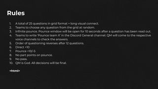 Rules
1. A total of 25 questions in grid format + long visual connect.
2. Teams to choose any question from the grid at random.
3. Infinite pounce. Pounce window will be open for 10 seconds after a question has been read out.
4. Teams to write ‘Pounce team X’ in the Discord General channel. QM will come to the respective
voice channels to check the answers.
5. Order of questioning reverses after 12 questions.
6. Direct +10
7. Pounce +10/-5
8. No part points on pounce.
9. No pass.
10. QM is God. All decisions will be final.
<html>
 