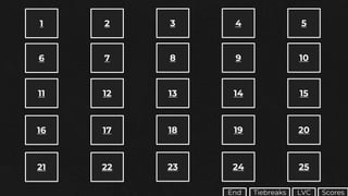 1 2 3 4 5
6 7 8 9 10
21 22 23 24 25
16 17 18 19 20
11 12 13 14 15
Scores
LVC
Tiebreaks
End
 