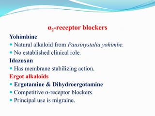 α2-receptor blockers
Yohimbine
 Natural alkaloid from Pausinystalia yohimbe.
 No established clinical role.
Idazoxan
 Has membrane stabilizing action.
Ergot alkaloids
 Ergotamine & Dihydroergotamine
 Competitive α-receptor blockers.
 Principal use is migraine.

 