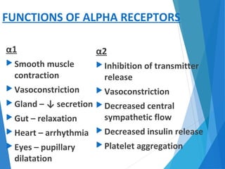 FUNCTIONS OF ALPHA RECEPTORS
α1
 Smooth muscle
contraction
 Vasoconstriction
 Gland – ↓ secretion
 Gut – relaxation
 Heart – arrhythmia
 Eyes – pupillary
dilatation
α2
 Inhibition of transmitter
release
 Vasoconstriction
 Decreased central
sympathetic flow
 Decreased insulin release
 Platelet aggregation
 