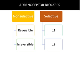 Nonselective
Reversible
Irreversible
Selective
α1
α2
ADRENOCEPTOR BLOCKERS
 
