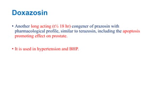 Doxazosin
• Another long acting (t½ 18 hr) congener of prazosin with
pharmacological profile, similar to terazosin, including the apoptosis
promoting effect on prostate.
• It is used in hypertension and BHP.
 