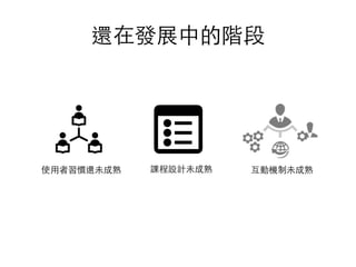 還在發展中的階段	
使⽤者習慣還未成熟	 課程設計未成熟	 互動機制未成熟	
 