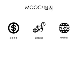 MOOCs起因	
學費太貴	 距離太遠	 網路普及	
 