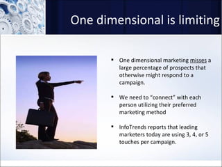 One dimensional is limiting One dimensional marketing  misses  a large percentage of prospects that otherwise might respond to a campaign. We need to “connect” with each person utilizing their preferred marketing method InfoTrends reports that leading marketers today are using 3, 4, or 5 touches per campaign. 