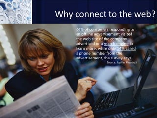 Why connect to the web? 66% of consumers  responding to an offline advertisement visited the web site of the company advertised or a  search engine  to learn more, while only  14% called  a phone number from the advertisement, the survey says.  Source: Jupiter Research 